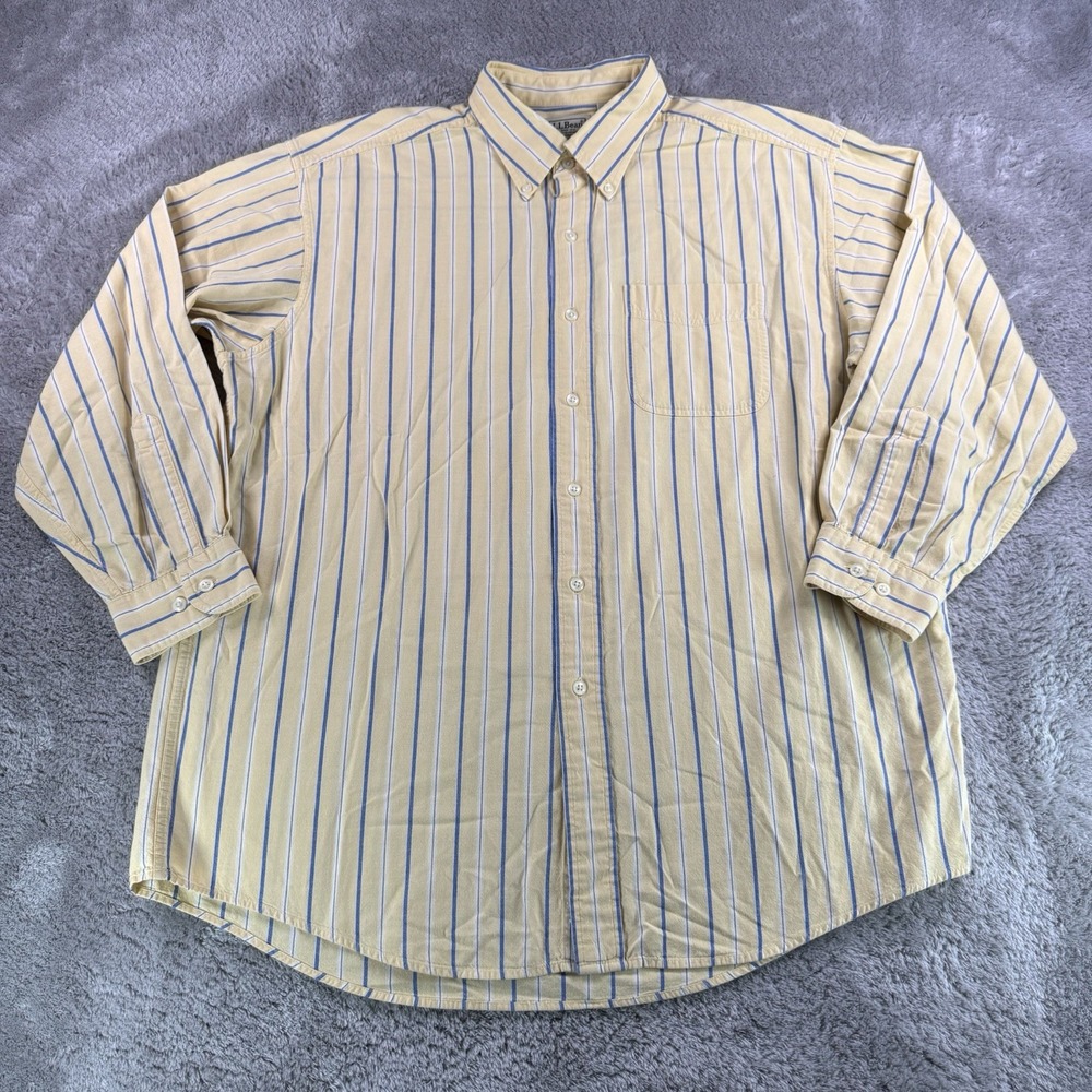 LL Bean Vintage Oxford Shirt Mens L Yellow Blue Stripe Button Down Hong Kong